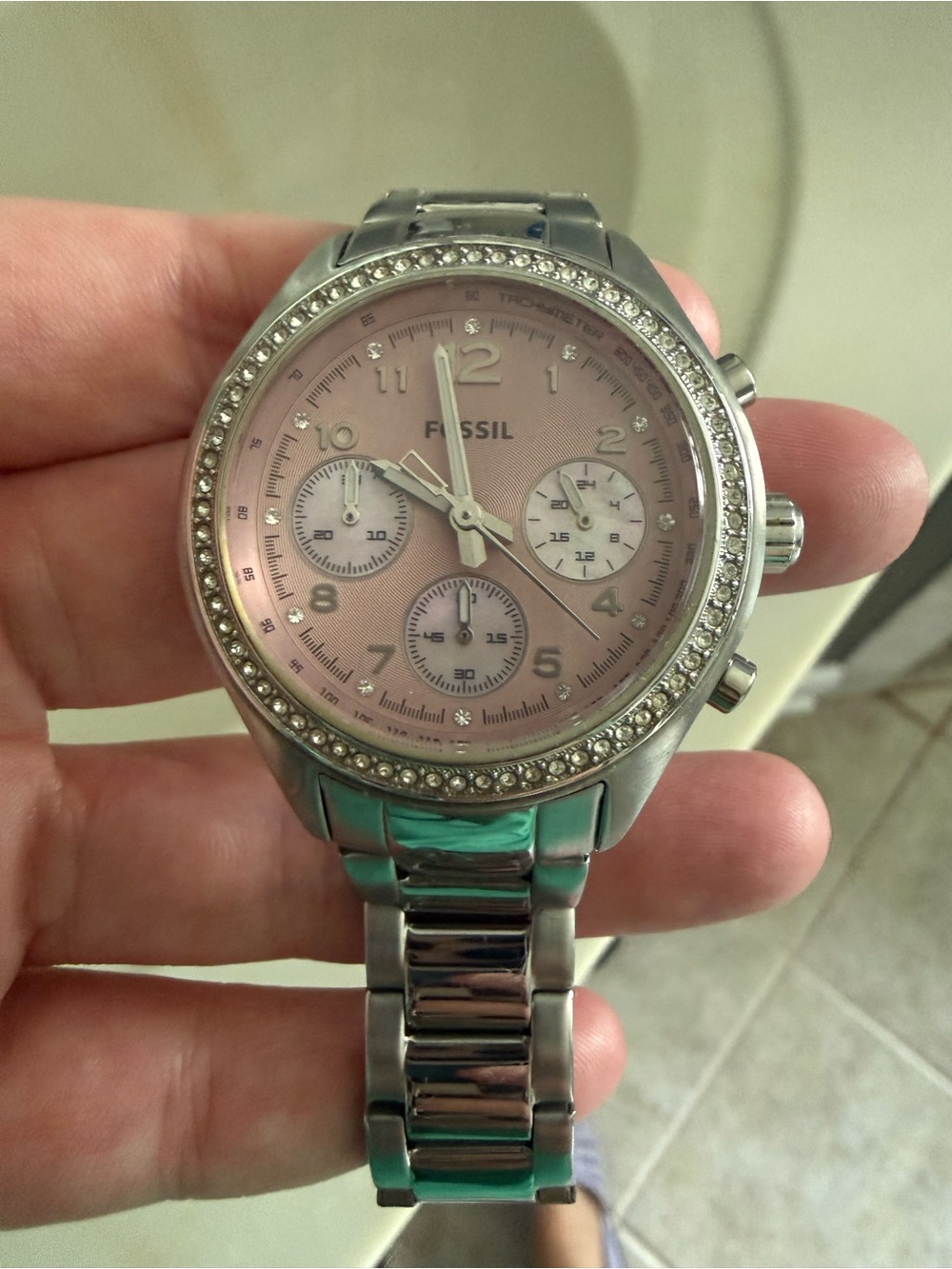 Fossil Pink Dial Crystal Bezel Stainless Steel Chronograph Watch-NEEDS BATTERY